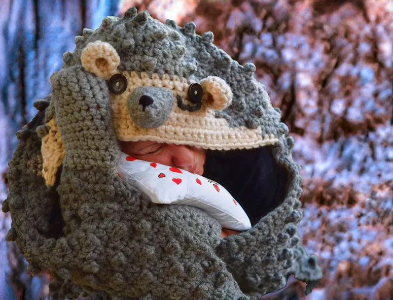 Der Igel im gehäkelten Kostüm