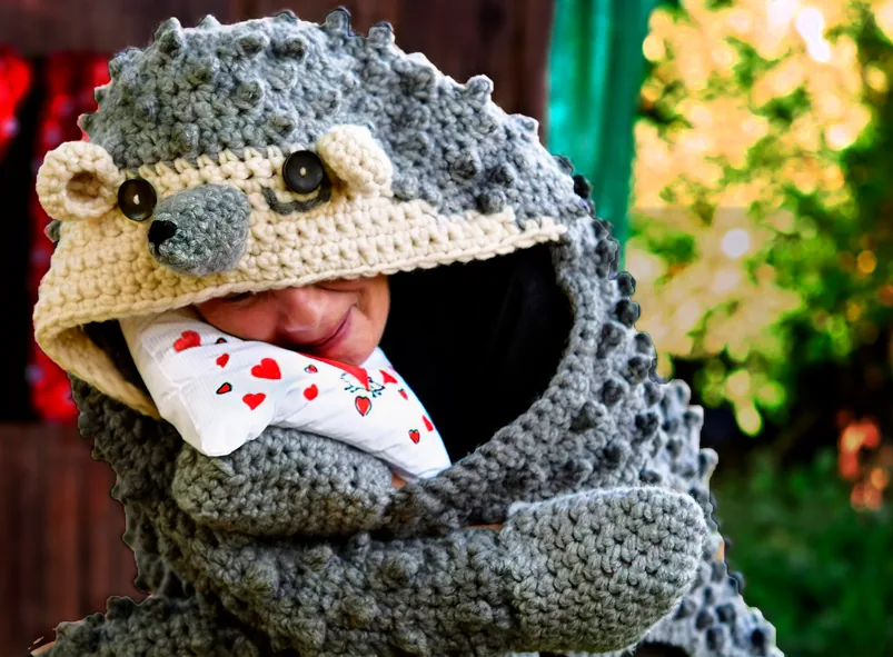 Der Igel im gehäkelten Kostüm
