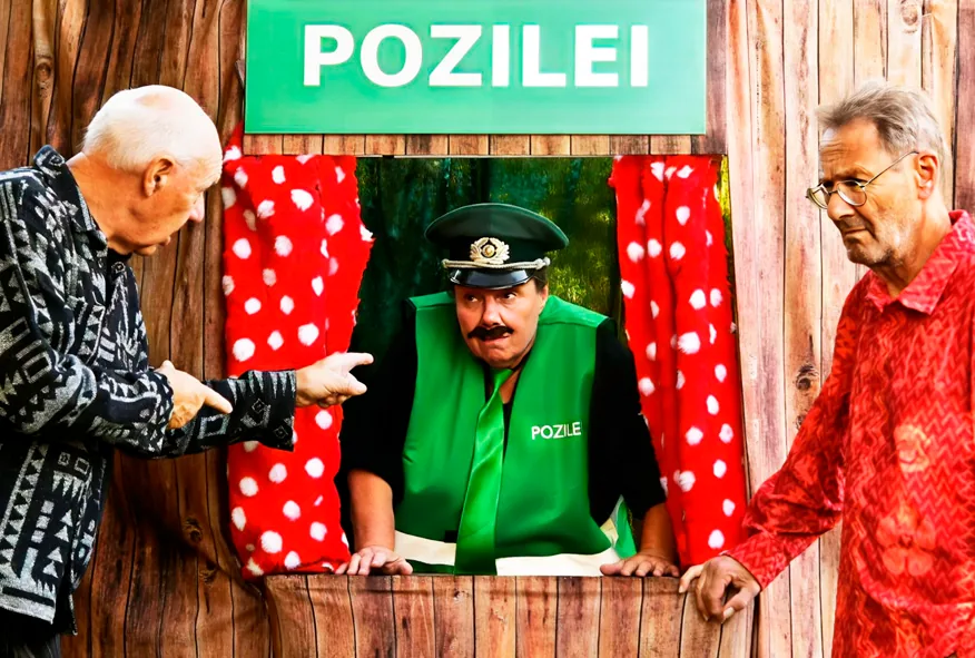 Die zwei Freunde fragen bei der Pozilei nach dem Weihnachtsmann