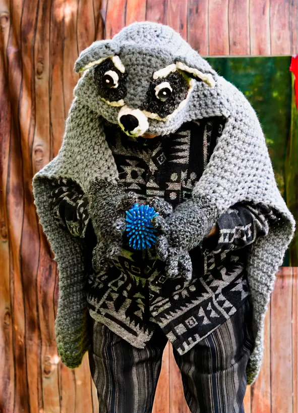 Der Waschbär im gehäkelten Kostüm