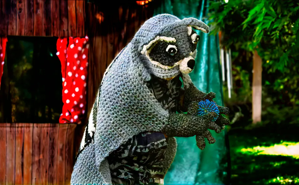 Der Waschbär im gehäkelten Kostüm